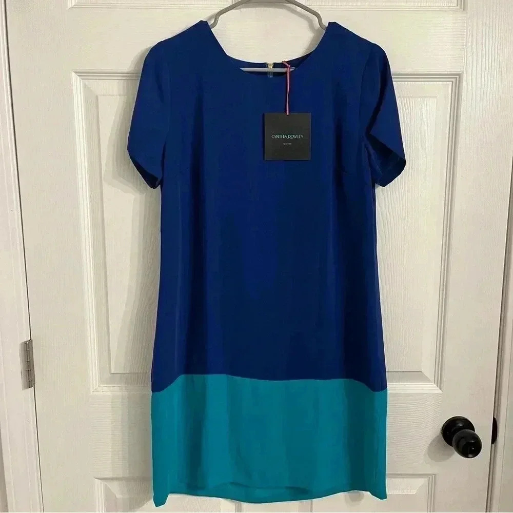Cynthia Rowley New Womens 8 (M) Shift Dress Colorblock Blue Green Shortsleeve